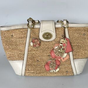 COACH 19347 Hamptons Straw White Coral Leather & Studs Shopper Tote Bag